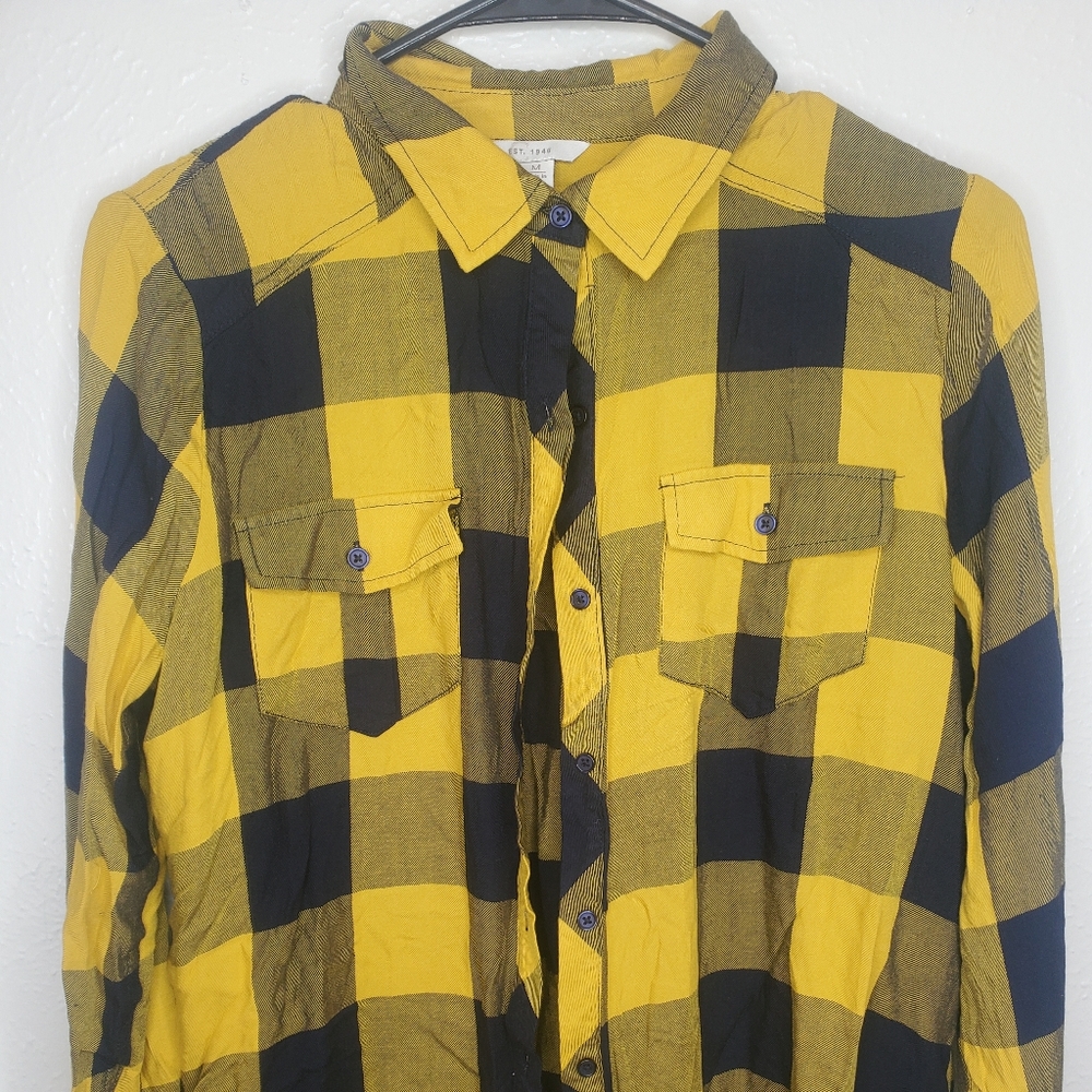 Navy & Mustard Plaid Button Up Top